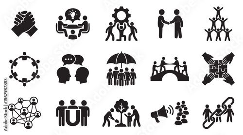 Black teamwork icons on white background in simple line style for business presentations