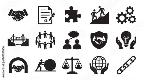 Black business partnership icons set in flat design style with dark silhouette and simple shapes on white background for corporate branding