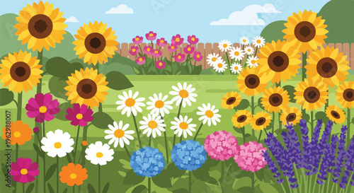 A vibrant garden scene, featuring diverse flowers under a blue sky