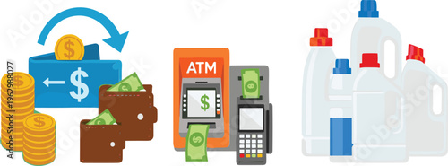Finance Payment and Household Expenses Concept with Wallet ATM Card Cash and Cleaning Products Vector Illustration