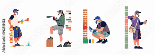 Vector illustration set of graffiti artists wearing respirators and using spray cans to create street art on brick walls, isolated on white background.