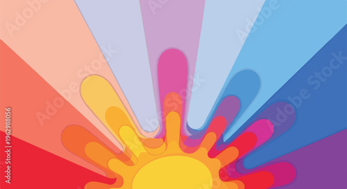 A vibrant burst of colors emanates from a central sun shape, radiating outward