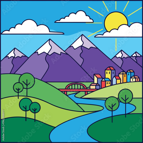 A vibrant, geometric illustration of a sunny day with mountains, a river, and a town