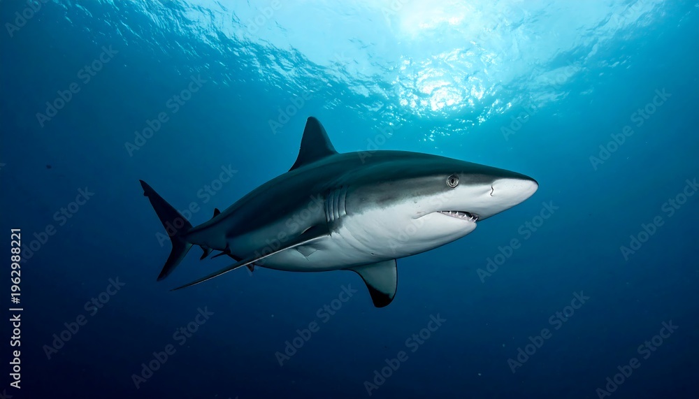Fototapeta premium Majestic Oceanic Shark Gliding Through Deep Blue Water Under Sunlight
