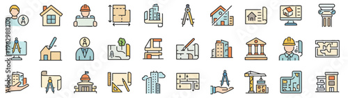 Comprehensive set of linear flat icons depicting architectural design, engineering processes, and construction management elements, ideal for building and planning projects