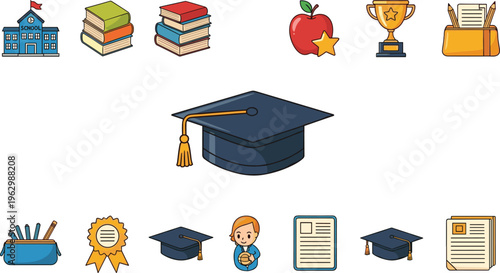 Education Graduation Vector Icon Set with School Books Diploma Cap Trophy and Student Elements Flat Illustration Collection for Learning Academic Design