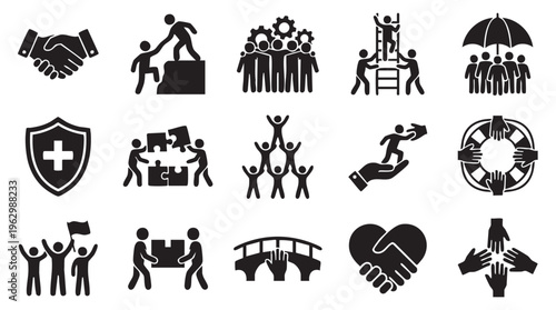 Black teamwork and partnership icons set in flat style for business and social media