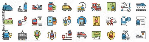 Modern train and railway transport icon set, featuring passenger services, cargo logistics, station infrastructure, and travel planning for diverse digital projects