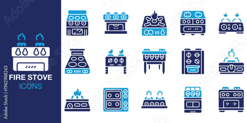 Fire Stove icon set. Containing stove, kitchen, appliance, cooking, home and more. Solid vector icons collection. Vector illustration.