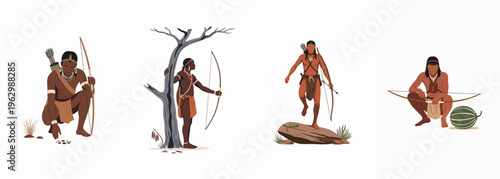 Flat vector illustration set of African San people hunters with bows and arrows tracking and hunting in the desert landscape on white background.