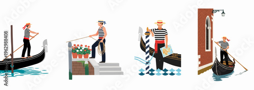 Set of flat vector illustrations featuring a traditional Venetian gondolier in various scenes navigating through the canals of Venice, Italy.