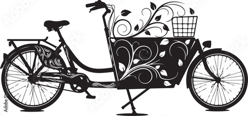 Black silhouette of a decorated bicycle with a large seat and basket