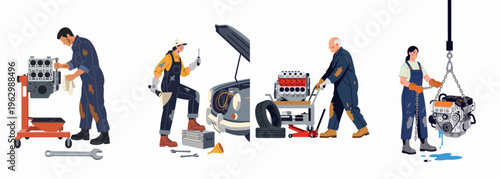 Illustration set of professional male and female mechanics repairing and maintaining car engines in an auto workshop or garage.