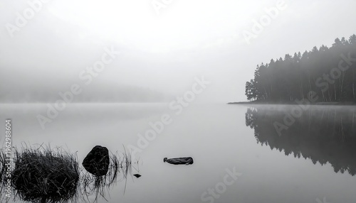 Misty morning reflecting a tranquil lake surrounded by trees, evoking a sense of peace and quietude in nature