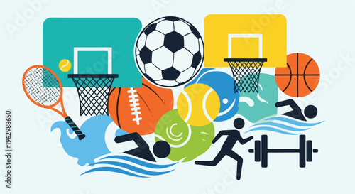A vibrant graphic of diverse sports icons and athletic activities