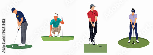 Set of Flat Vector Illustrations Depicting Male and Female Golfers in Various Poses and Stances on a White Background
