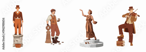Vector illustration of living statues and performers including a Victorian gentleman, steampunk inventor, Greek goddess, and a violinist on white background.