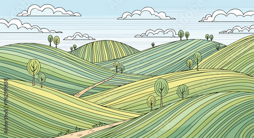 A vibrant illustrated landscape of rolling hills and trees under a blue sky