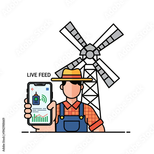A farmer in a hat and overalls holds a smartphone displaying a live feed of agricultural data, with a windmill in the background, symbolizing smart farming and technology.