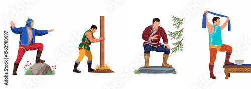 Illustration set of men in traditional Mongolian attire performing various cultural activities including wrestling poses, strength training, and traditional rituals.