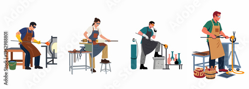 Professional Artisans Glassblowing and Shaping Molten Glassware in a Workshop Studio Environment Set