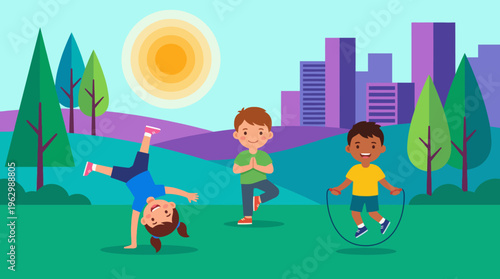 Three kids engaging in various fun activities like cartwheeling, yoga, and jumping rope in a vibrant park under the sun, showcasing joy and friendship.