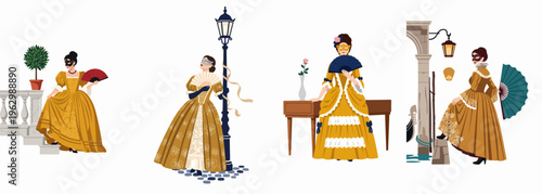 Set of four illustrations featuring women in elegant golden Venetian carnival gowns, wearing masquerade masks and holding fans in various historical settings.