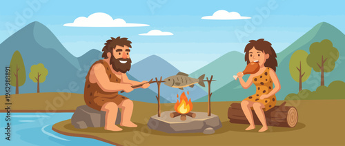 A scene depicting two cavemen cooking fish by a campfire near a river, surrounded by mountains, showcasing a primitive lifestyle and connection with nature.
