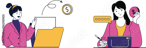 Two women representing digital services and customer satisfaction through technology and positive feedback