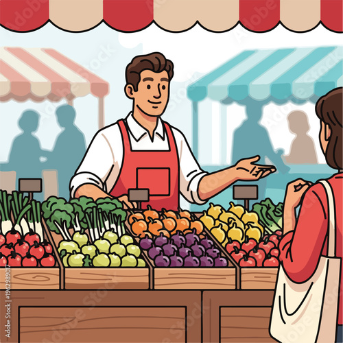 A vibrant illustration depicts a farmer's market scene with fresh produce