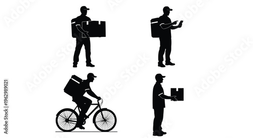 Dynamic vector illustration graphic featuring delivery people in various poses for express shipping services