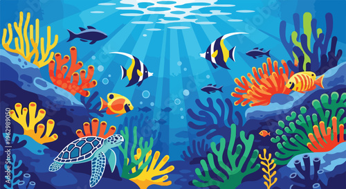 A vibrant, cartoonish illustration of an underwater coral reef scene