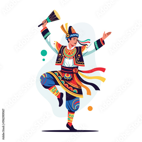 A vibrant illustration depicts a dancer performing with an instrument