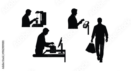 Vector graphic illustration showing a man's complete customer journey from payment to shopping bags.