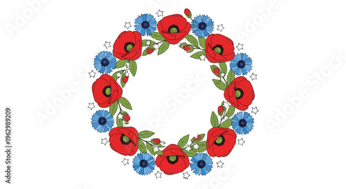 A vibrant circular floral wreath featuring red poppies and blue cornflowers