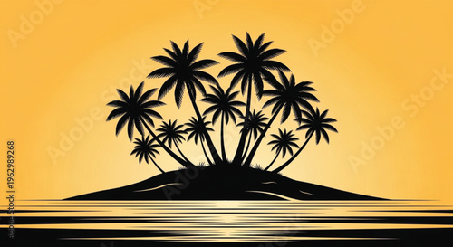 Tropical island landscape featuring a silhouette of a palm tree on a summer beach at sunset with the sun reflecting over the Hawaiian sea nature vector illustration