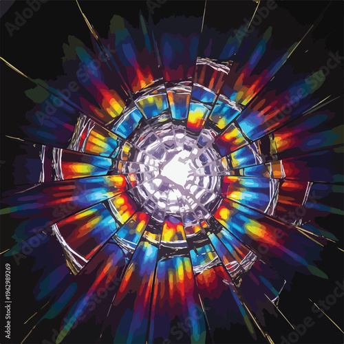 A vibrant, circular stained-glass pattern exploding from the center