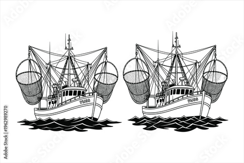Fishing boat with net vintage sketch of ship