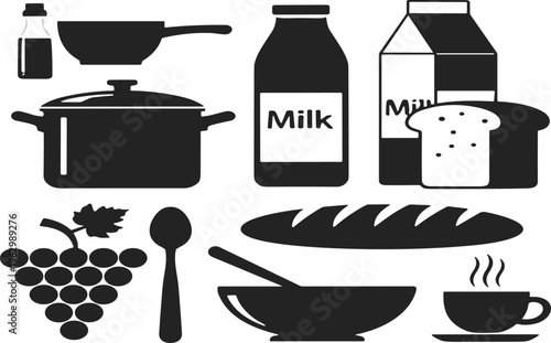 Kitchen Food Silhouette Vector Set with Cooking Pot Pan Milk Bread Grapes Spoon Bowl and Cup Black Icon Collection for Restaurant and Menu Design
