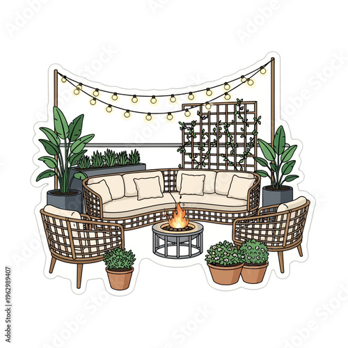 Cozy outdoor patio illustration with wicker furniture, lush plants, string lights, and a warm fire pit for relaxation.