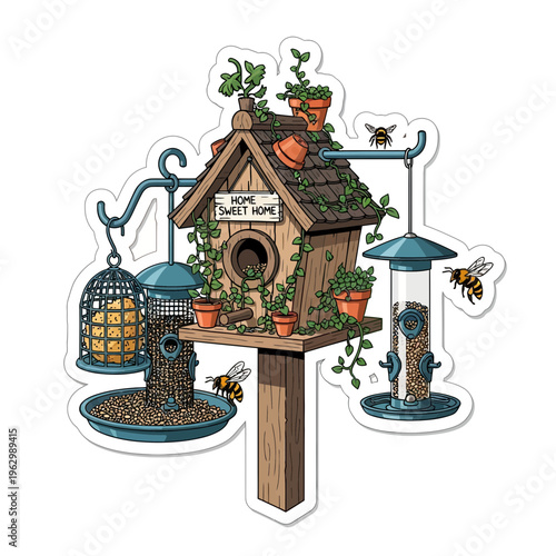 Detailed illustration of a charming birdhouse and multiple bird feeders attracting birds and bees in a garden setting.