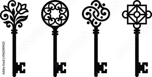 Ornate Vintage Skeleton Keys Vector Set ? Black Decorative Key Icons.eps