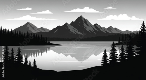 A scenic panorama of a snow-capped mountain lake reflection in the morning shows a mirror of blue sky and clouds over the forest landscape of the Alaskan Alps