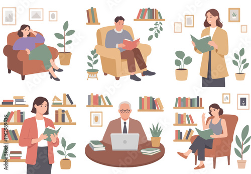 Vector illustration set of diverse people reading books studying and working on laptop in home and library settings education literacy lifestyle