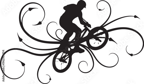 Black silhouette of a person riding a bicycle surrounded by swirling lines