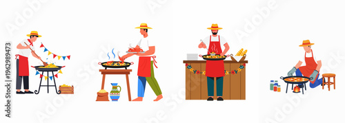 Set of four flat illustrations featuring men in traditional hats and aprons cooking and serving authentic Spanish seafood paella at an outdoor festival.