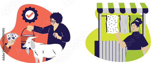 Two women engaging in a financial transaction involving a goat and fabric shop sale in a vibrant setting