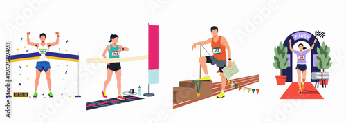 Set of flat vector illustrations depicting various male and female runners crossing the finish line and celebrating race victory in marathons and sports events.