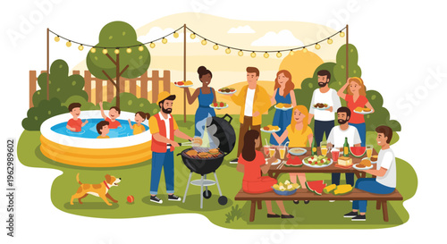 A vibrant illustration depicts a summery outdoor gathering, people socializing