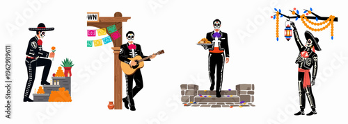 Set of Mexican men in traditional mariachi costumes with skull face paint celebrating Day of the Dead with altars, music, and decorations.